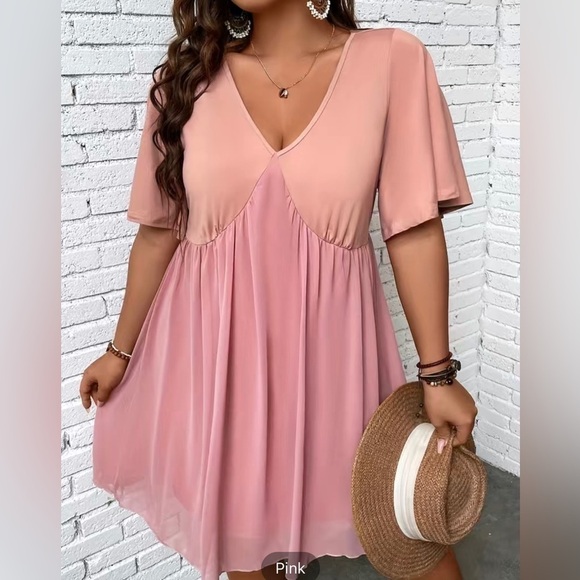 Pink Plus Size Chiffon Style Babydoll Dress - Picture 1 of 16